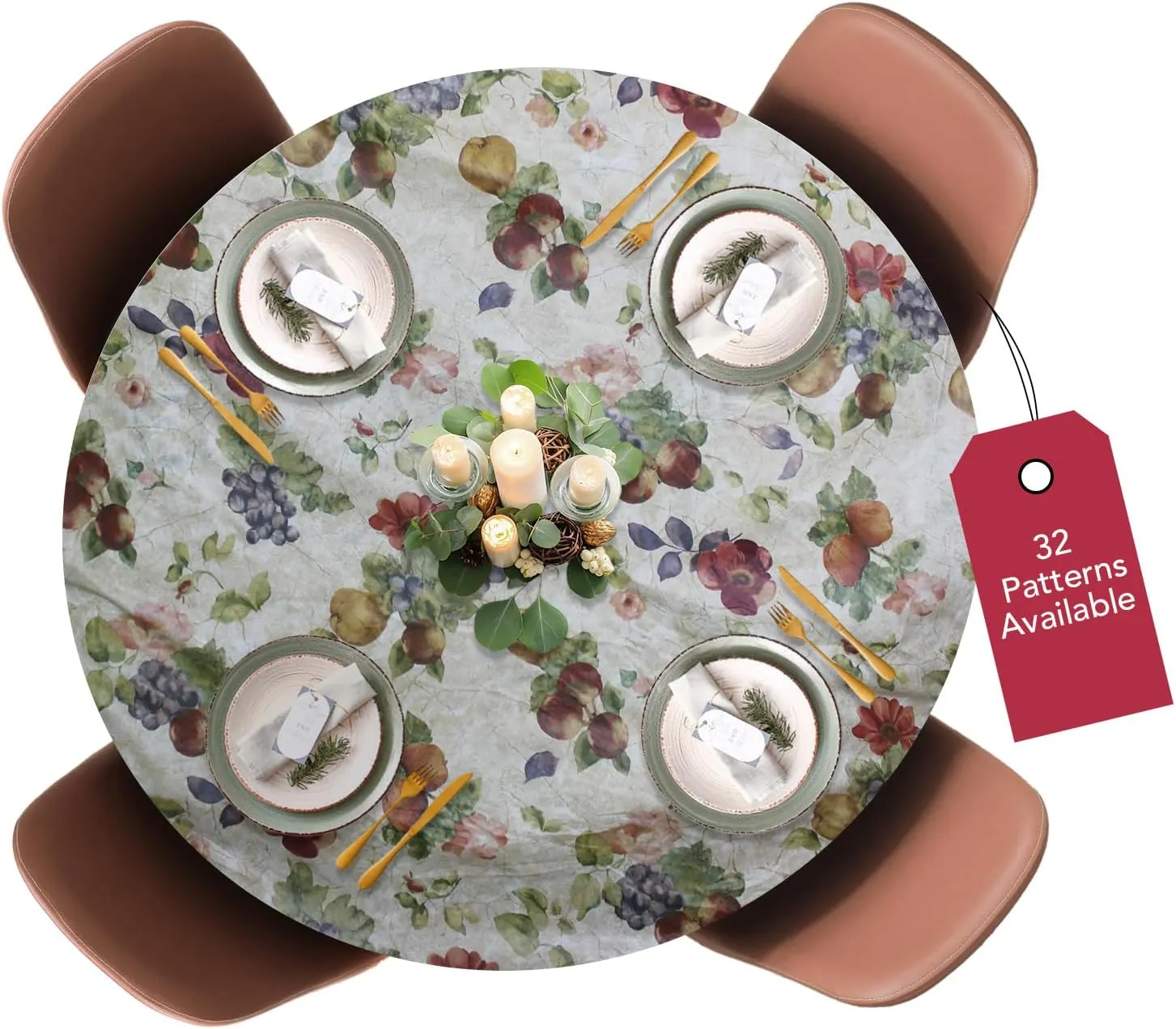 Covers For The Home Deluxe Elastic Edged Flannel Backed Vinyl Fitted Table Cover - Antique Fruit Pattern - Small Round Oblong Oval - Fits Tables up to 40" - 44" Diameter