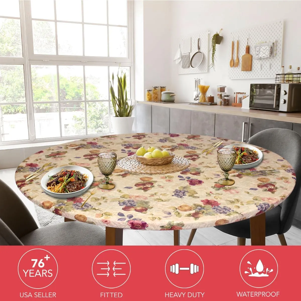 Covers For The Home Deluxe Elastic Edged Flannel Backed Vinyl Fitted Table Cover - Antique Fruit Pattern - Small Round Oblong Oval - Fits Tables up to 40" - 44" Diameter