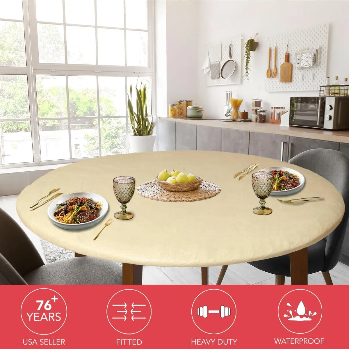 Covers For The Home Deluxe Elastic Edged Flannel Backed Vinyl Fitted Table Cover - Basketweave (Beige) Pattern - Small Round Oblong Oval - Fits Tables up to 40" - 44" Diameter