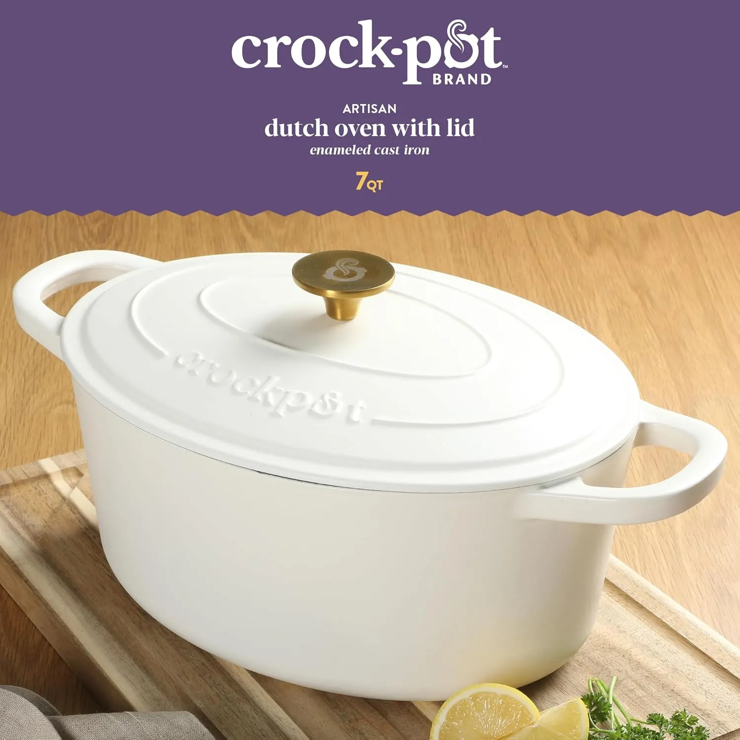 Crock Pot Artisan 7-Quart Oval Cast Iron Dutch Oven With Lid - Linen White W/Gold Knob