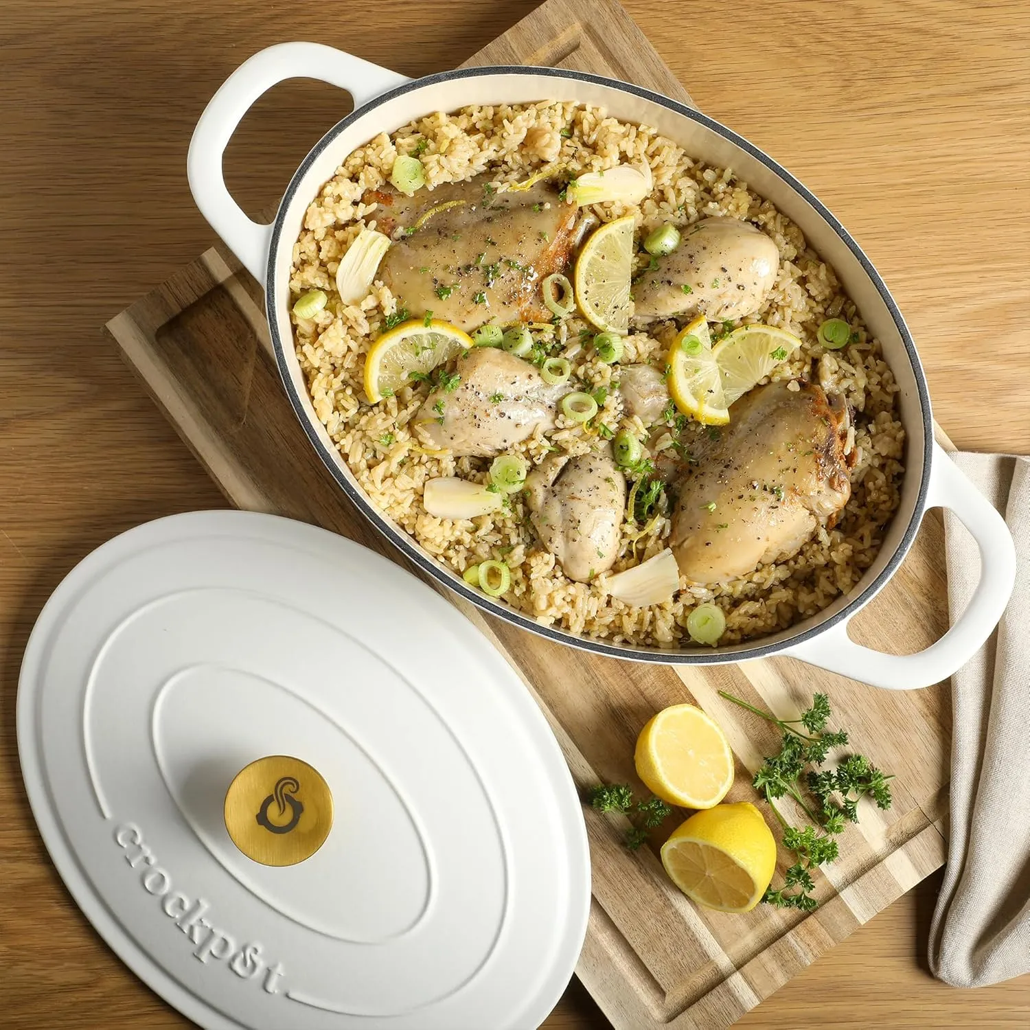 Crock Pot Artisan 7-Quart Oval Cast Iron Dutch Oven With Lid - Linen White W/Gold Knob