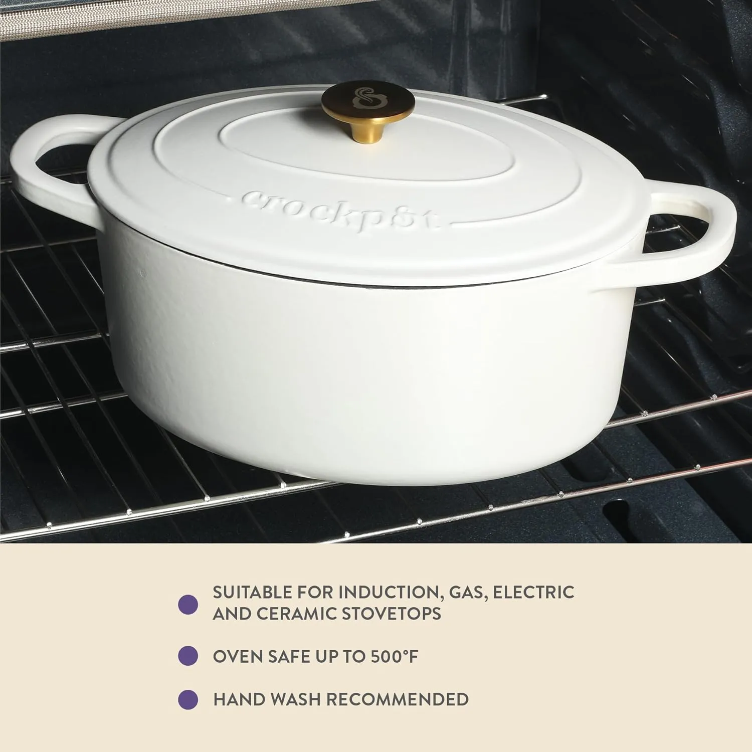 Crock Pot Artisan 7-Quart Oval Cast Iron Dutch Oven With Lid - Linen White W/Gold Knob
