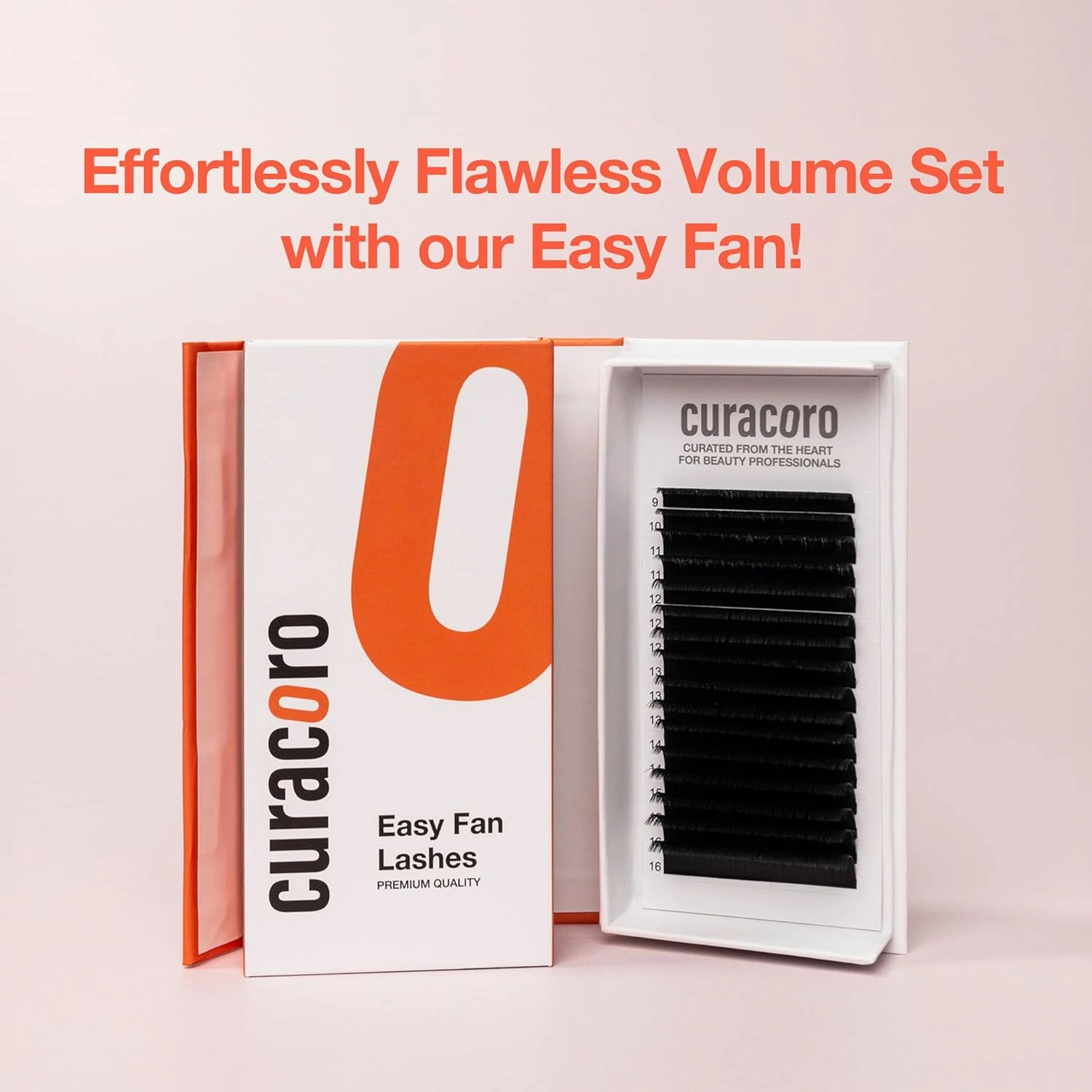 Curacoro Easy Fan Eyelash Extensions 0.03~0.07mm Thickness, C CC D Curl, 9mm-16mm Mixed & Single Length, Super Matte Black Volume Self Fanning Lash Extensions, Professional Supplies for Lash Techs