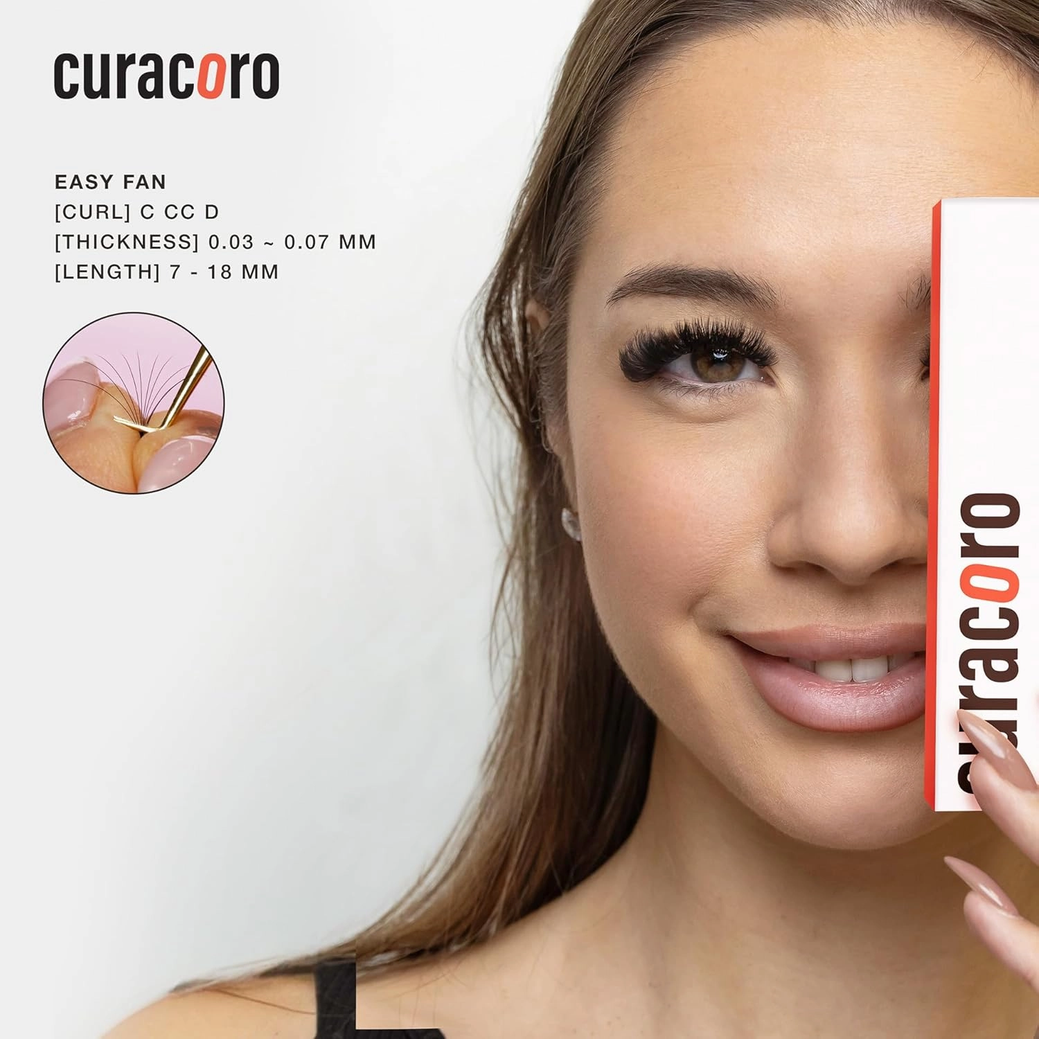 Curacoro Easy Fan Eyelash Extensions 0.03~0.07mm Thickness, C CC D Curl, 9mm-16mm Mixed & Single Length, Super Matte Black Volume Self Fanning Lash Extensions, Professional Supplies for Lash Techs