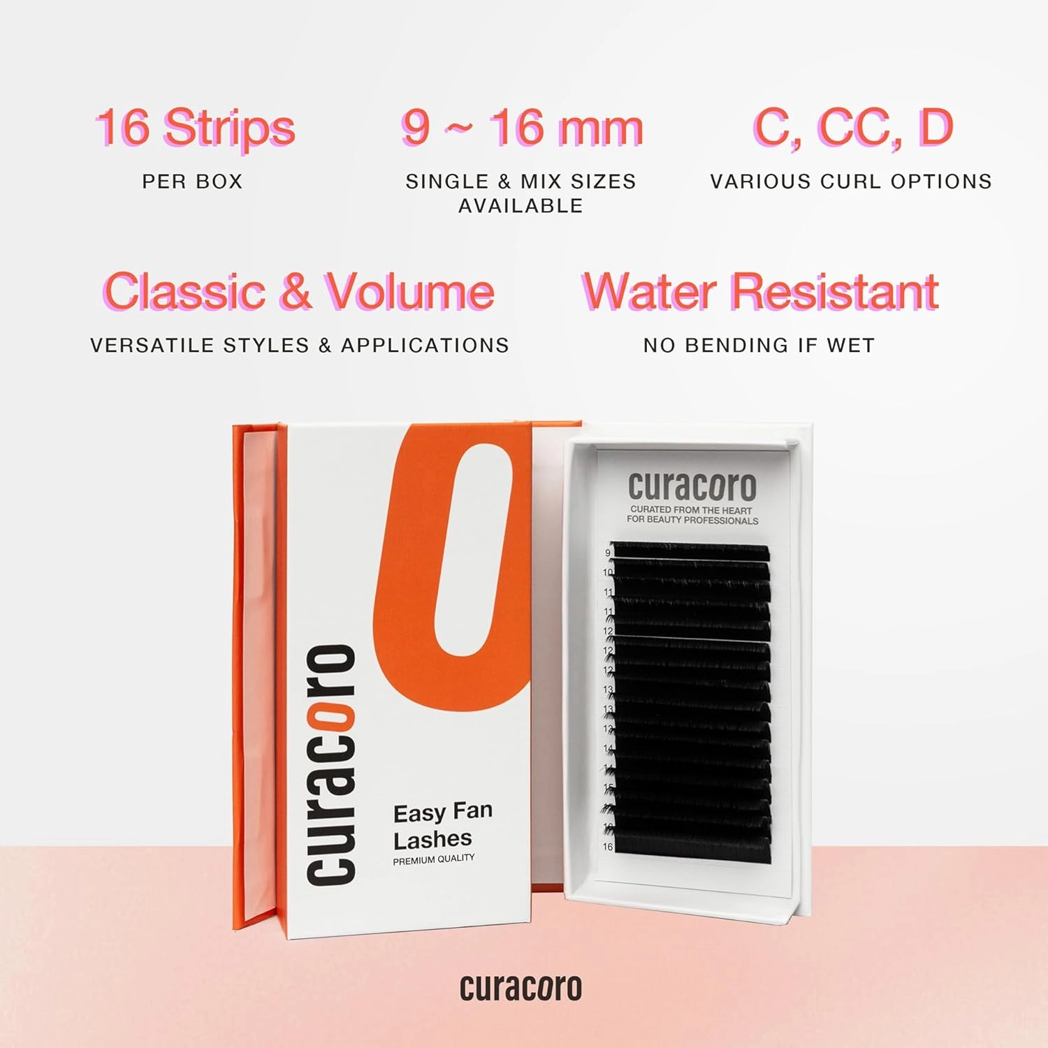 Curacoro Easy Fan Eyelash Extensions 0.03~0.07mm Thickness, C CC D Curl, 9mm-16mm Mixed & Single Length, Super Matte Black Volume Self Fanning Lash Extensions, Professional Supplies for Lash Techs