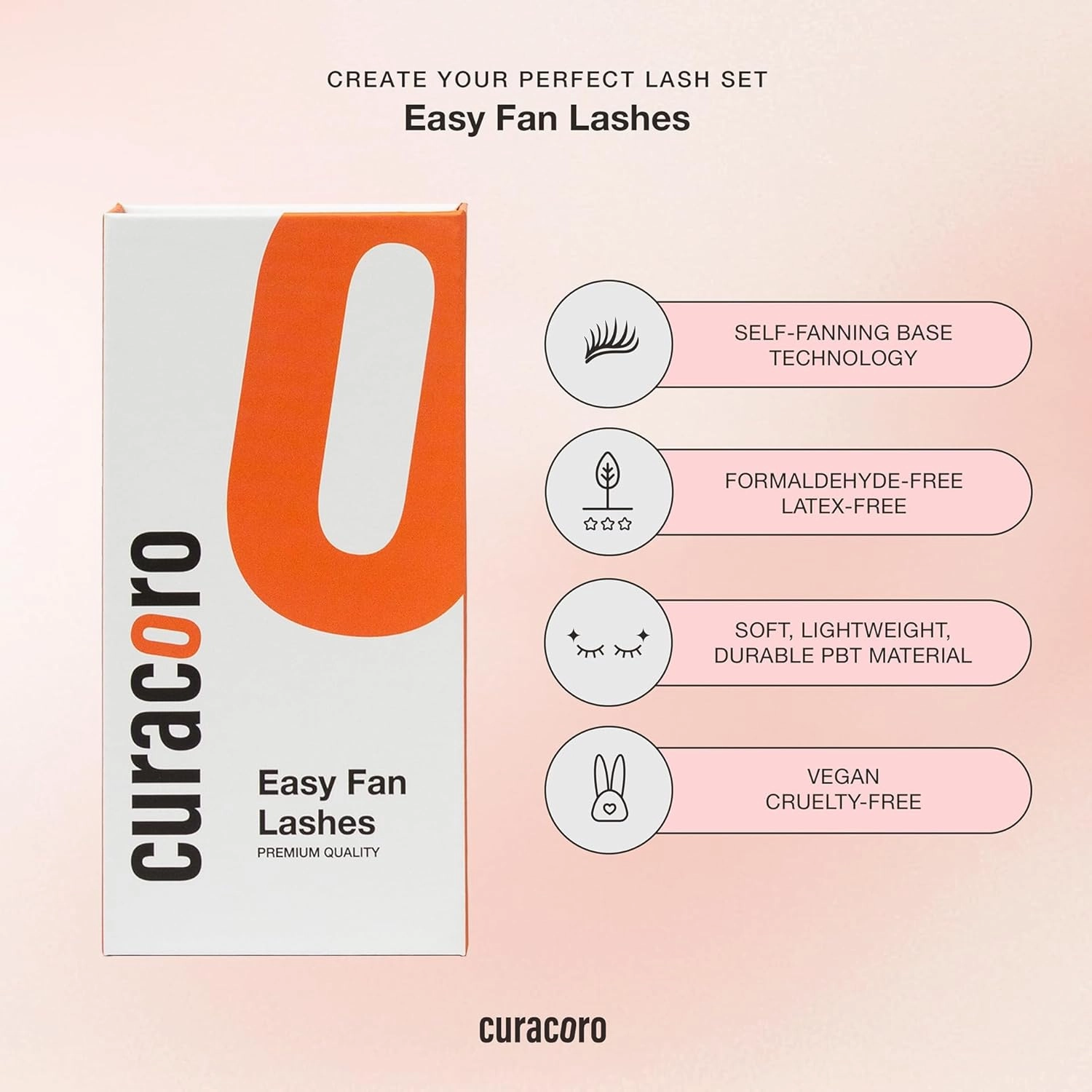 Curacoro Easy Fan Eyelash Extensions 0.03~0.07mm Thickness, C CC D Curl, 9mm-16mm Mixed & Single Length, Super Matte Black Volume Self Fanning Lash Extensions, Professional Supplies for Lash Techs
