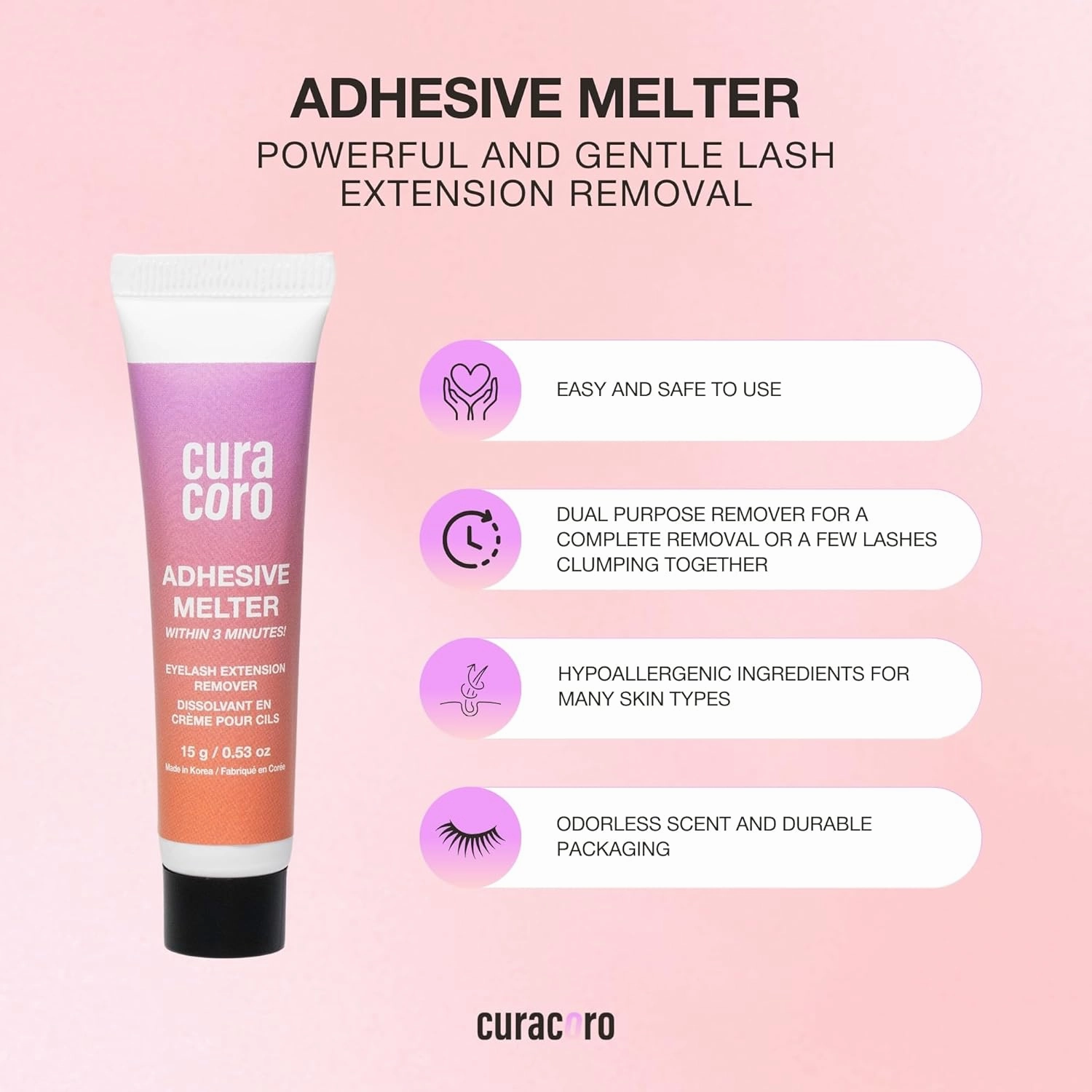 Curacoro Lash Gel Remover for Professional Eyelash Extensions 15g - Dissolves Powerful Eyelash Extension Glue - Low Irritation Cream for Sensitive Skin (Adhesive Melter)