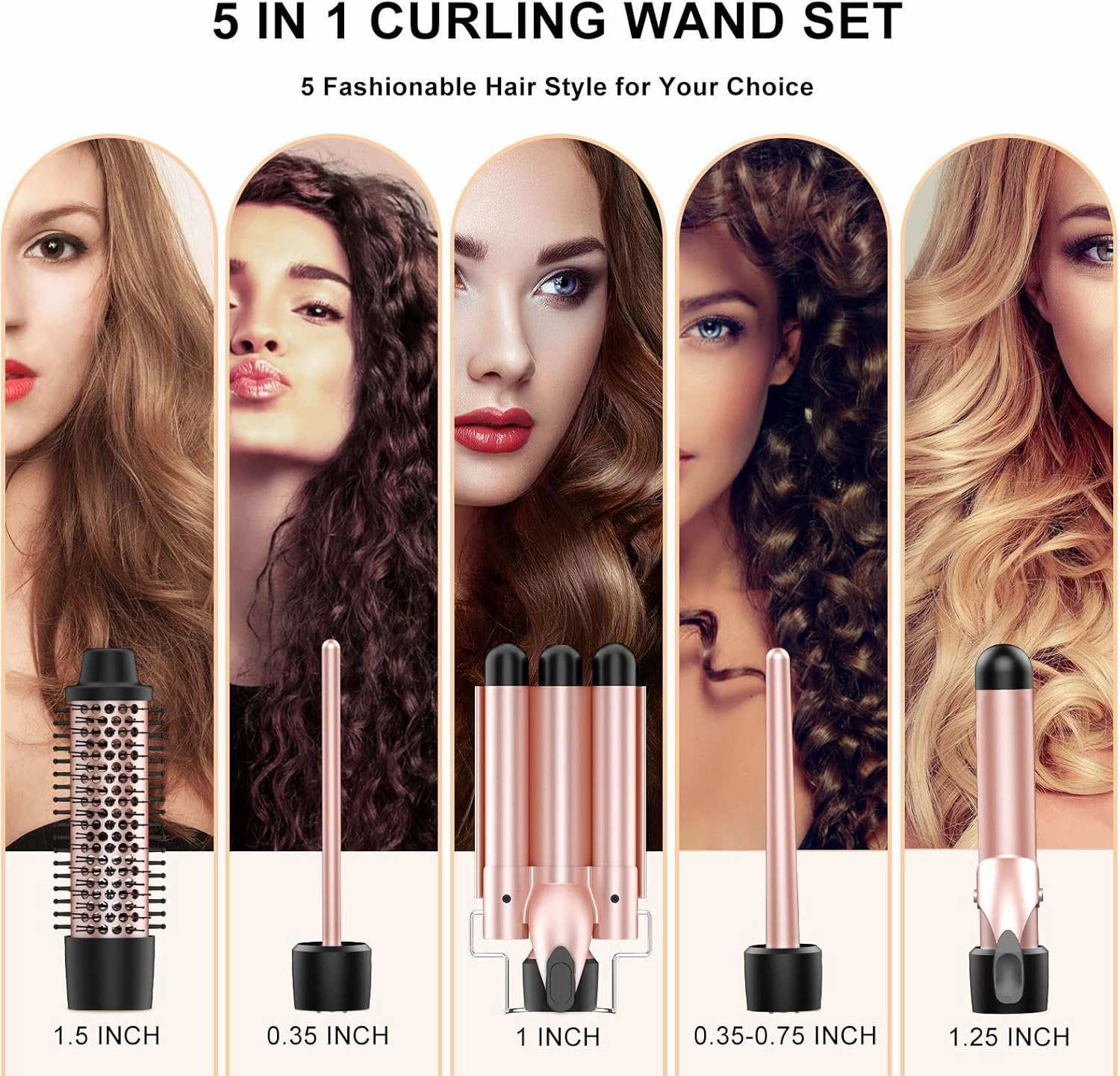 Curling Iron Set 5 in 1,MAXT Curling Wand Set Interchangeable Triple Barrel Curling Iron and Curling Brush Ceramic Barrel Wand Curling Iron(0.35”-1.25”)