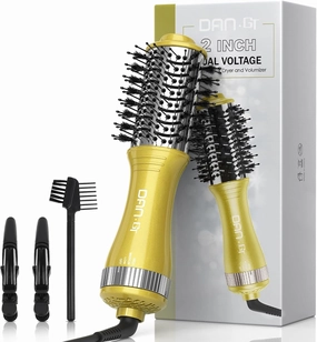 DAN Technology 10-Inch Dual Voltage Hot Air Brush, 2-Inch Oval Styling Tool, Compact, Portable, Travel-Friendly, Gold, Titanium Coated, 2 Speeds & 3 Temperatures, 600W, Fine Hair Friendly