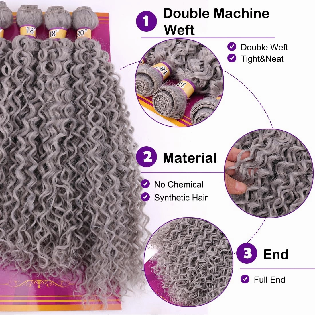 Dark Grey Afro Kinky Curly Synthetic Hair Weave 4 Bundles 16 18 18 20 Inches Jerry Curl Synthetic Hair Weft Extensions(Color Grey)