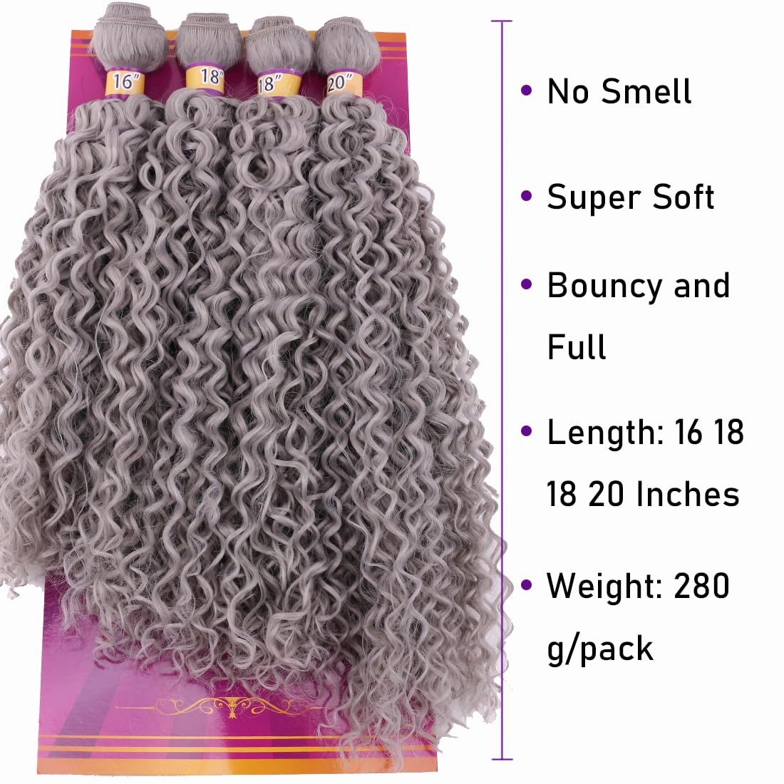 Dark Grey Afro Kinky Curly Synthetic Hair Weave 4 Bundles 16 18 18 20 Inches Jerry Curl Synthetic Hair Weft Extensions(Color Grey)