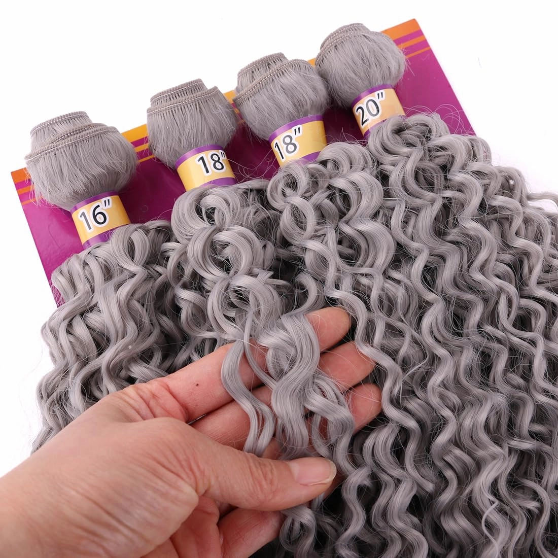 Dark Grey Afro Kinky Curly Synthetic Hair Weave 4 Bundles 16 18 18 20 Inches Jerry Curl Synthetic Hair Weft Extensions(Color Grey)