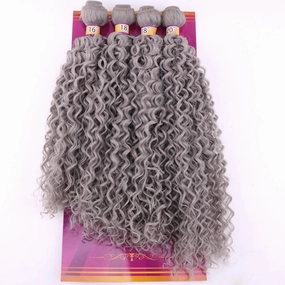 Dark Grey Afro Kinky Curly Synthetic Hair Weave 4 Bundles 16 18 18 20 Inches Jerry Curl Synthetic Hair Weft Extensions(Color Grey)