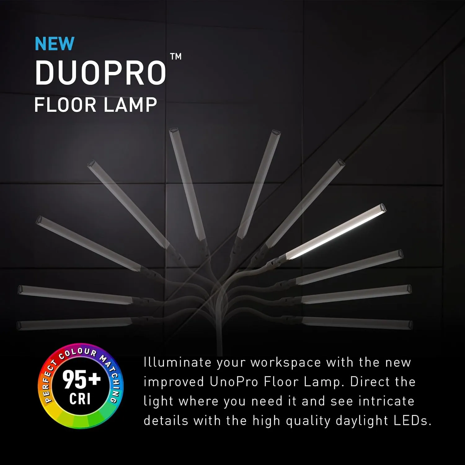 daylight DuoLamp Floor LED Lamp - 6,000K, 2,090 Lux at 30cm, 4 Brightness Levels, Adjustable Arm, Slim Design, Perfect for Eyelash, Eyebrow, Tattooing, Salon Services - White