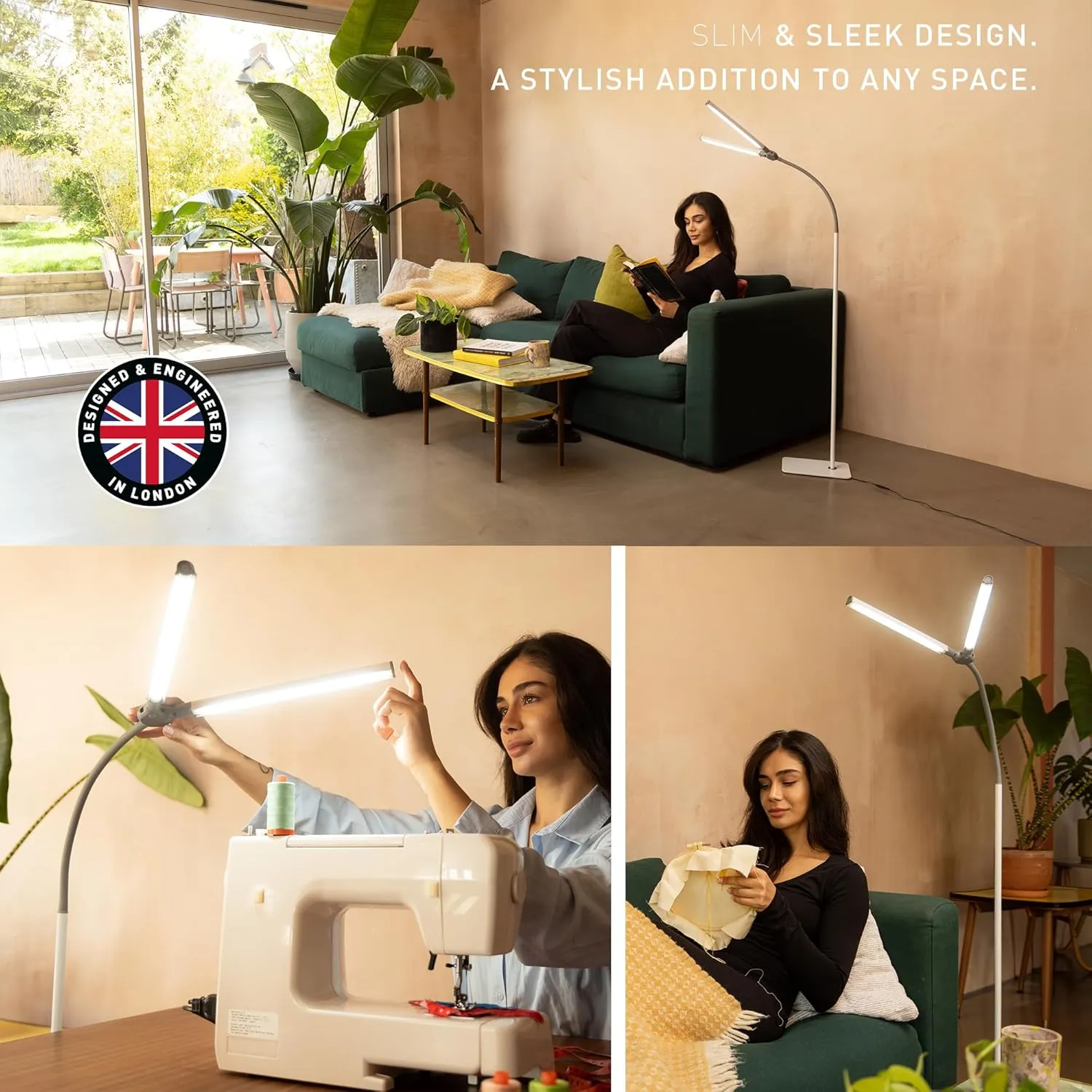 daylight DuoLamp Floor LED Lamp - 6,000K, 2,090 Lux at 30cm, 4 Brightness Levels, Adjustable Arm, Slim Design, Perfect for Eyelash, Eyebrow, Tattooing, Salon Services - White