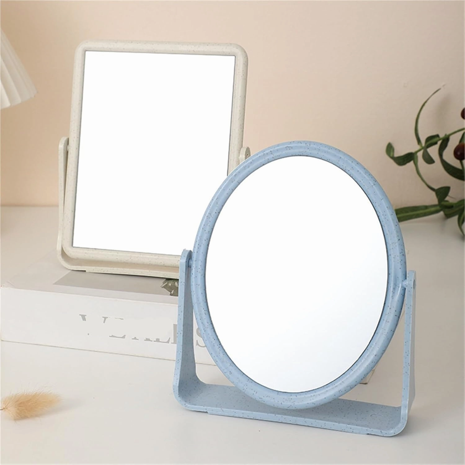 Desktop Makeup Mirror Double-Sided Rotating Desktop Wheat Straw Makeup Mirror Large Square Mirror