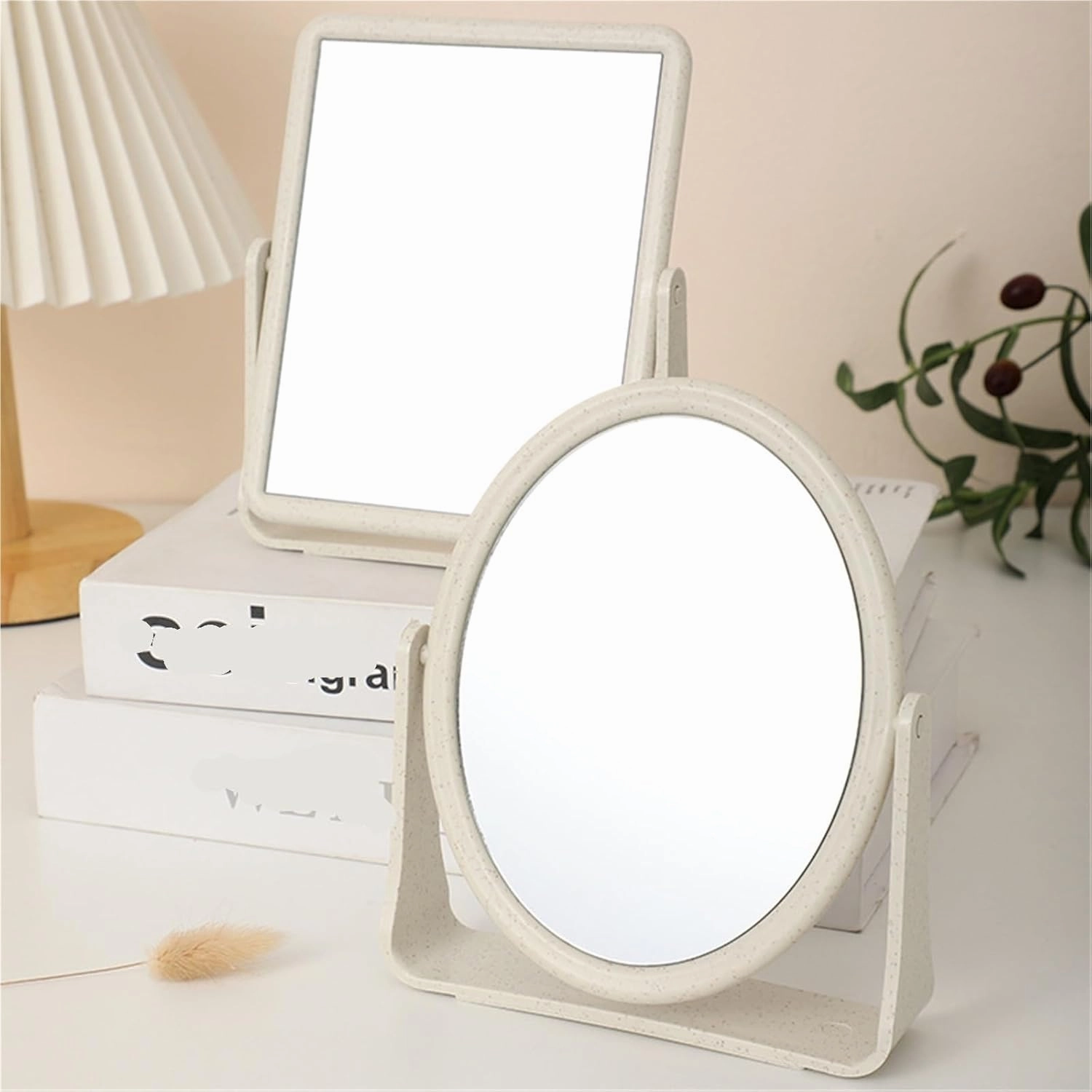 Desktop Makeup Mirror Double-Sided Rotating Desktop Wheat Straw Makeup Mirror Large Square Mirror