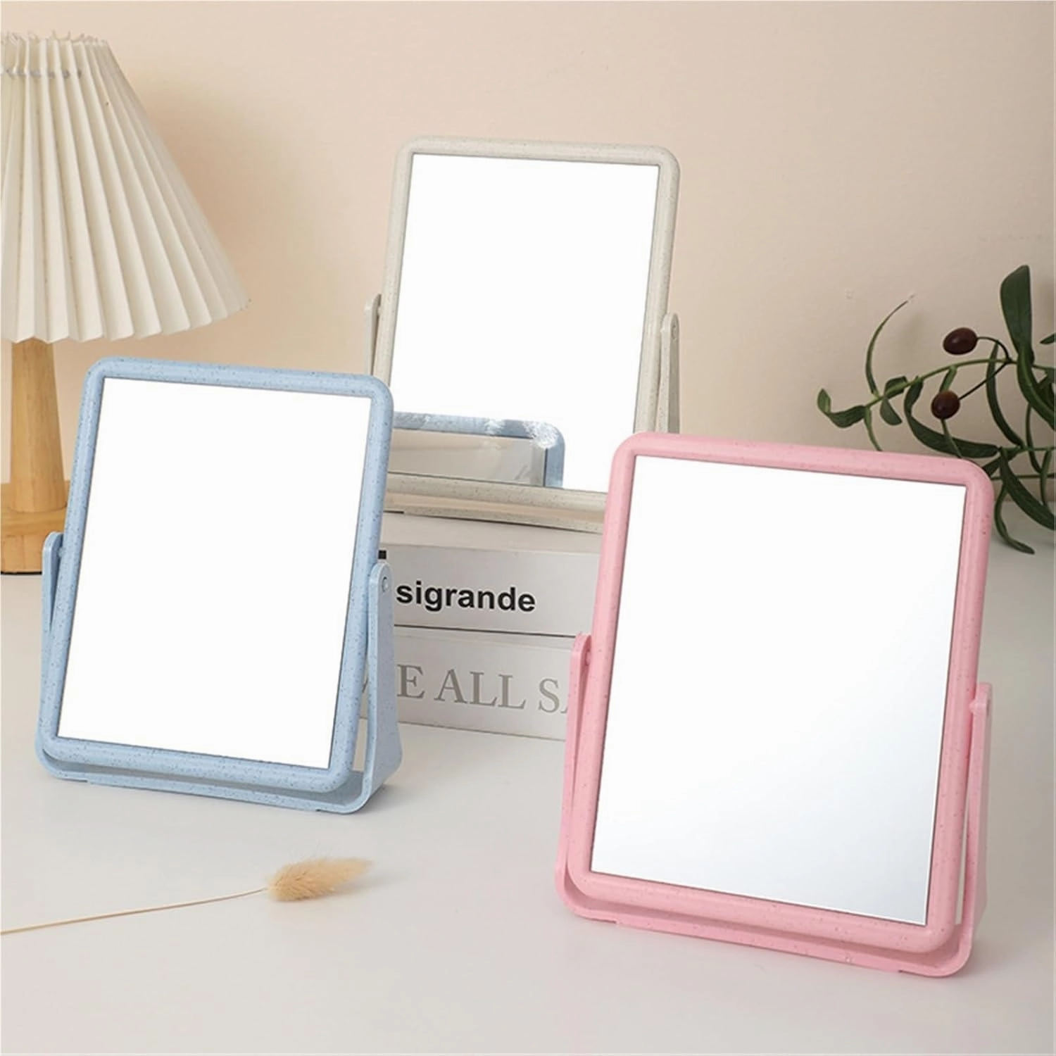 Desktop Makeup Mirror Double-Sided Rotating Desktop Wheat Straw Makeup Mirror Large Square Mirror
