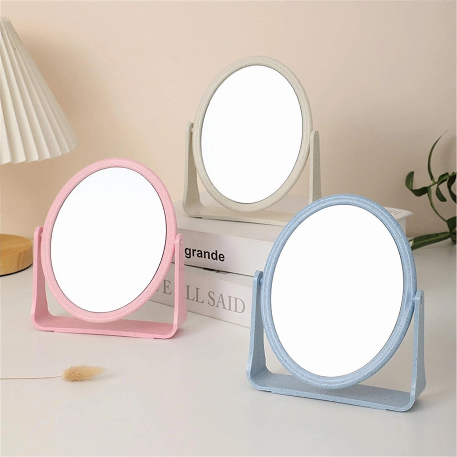 Desktop Makeup Mirror Double-Sided Rotating Desktop Wheat Straw Makeup Mirror Large Square Mirror
