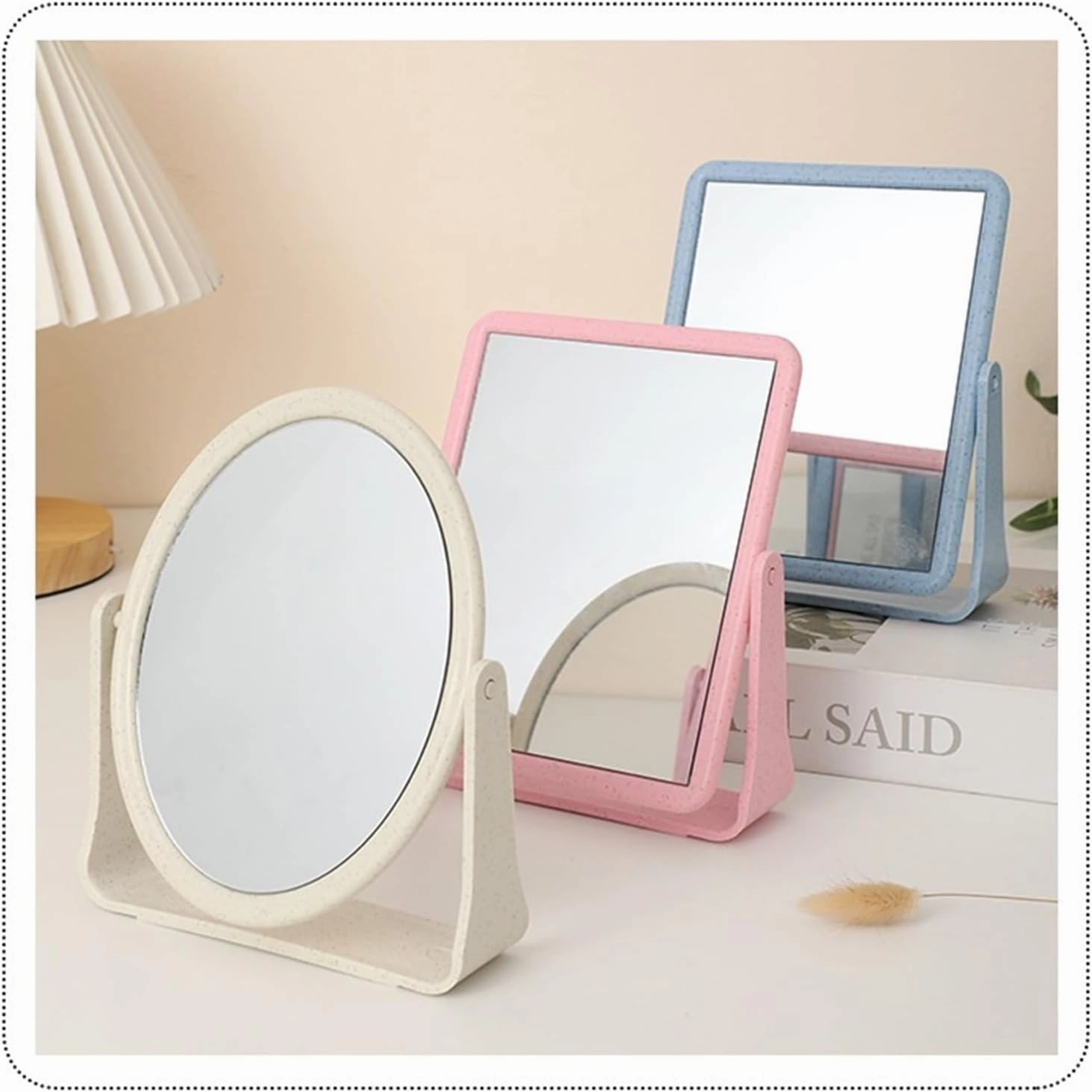 Desktop Makeup Mirror Double-Sided Rotating Desktop Wheat Straw Makeup Mirror Large Square Mirror