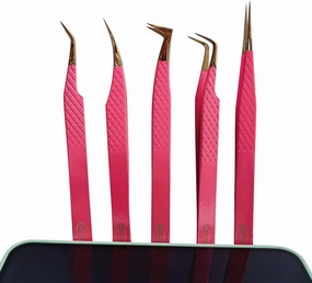 Diamond Grip Tweezers Lash Eyelash Extension Tweezers Kit Isolation Volume Straight Tweezers Set Professional Artist Tech Work Kit make-up Nail Lash Tools (PINK)