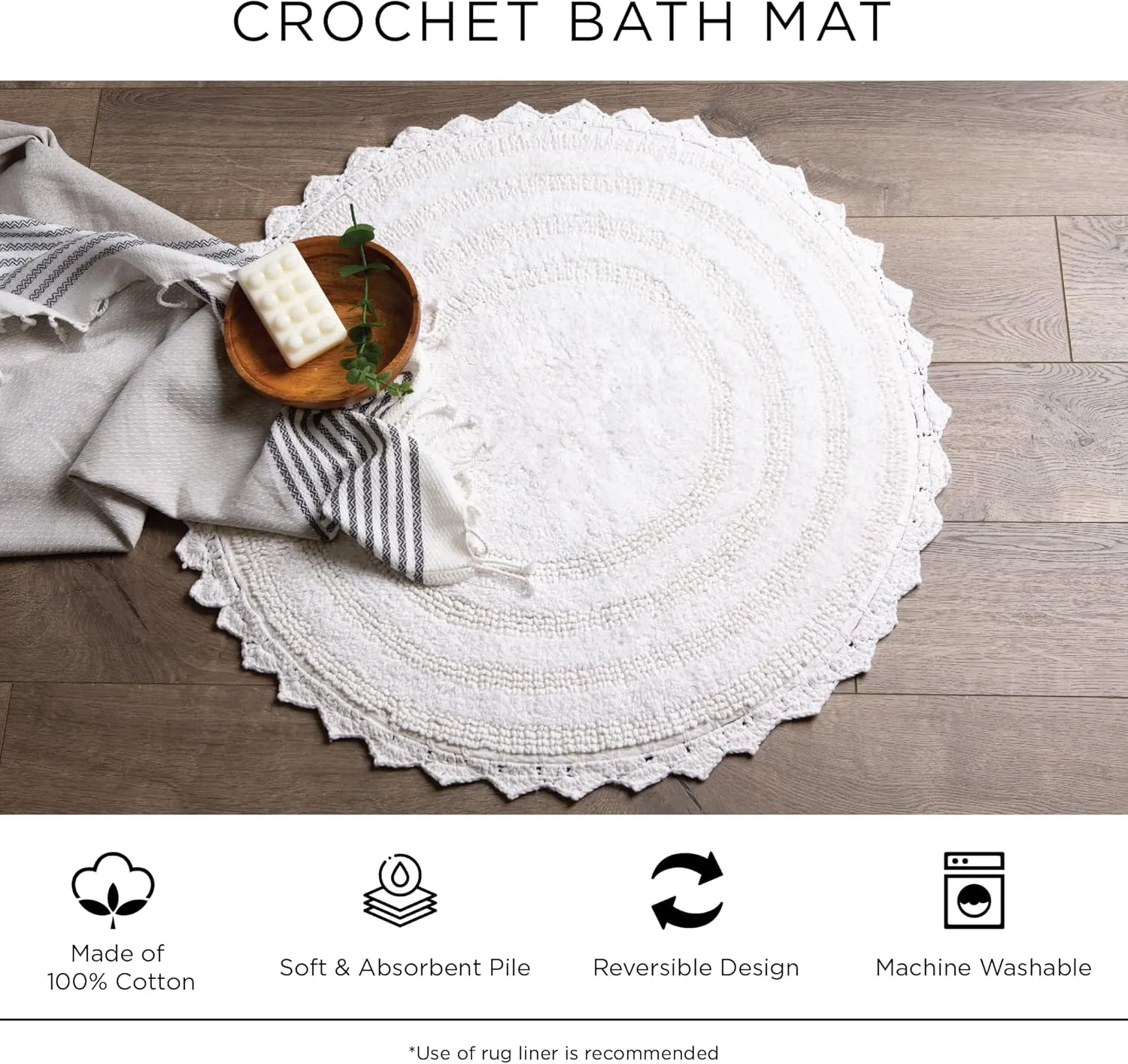 DII Crochet Collection Reversible Bath Mat, Large Oval, 21x34, White
