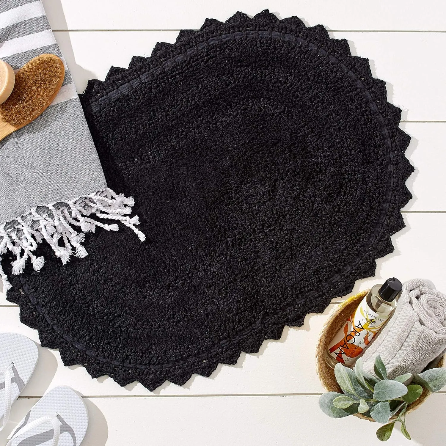 DII Crochet Collection Reversible Bath Mat, Small Oval, 17x24, Black