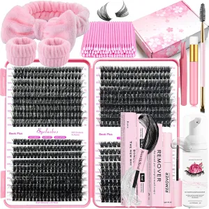 DIY Fluffy Lash Extension Kit 684Pcs 10-18mm D Curl Lashes Clusters with Lash Bond and Seal Glue Remover Lash Shampoo Cleansing Brush Headband Wristband Tweezers Eyelash Brush Applicator
