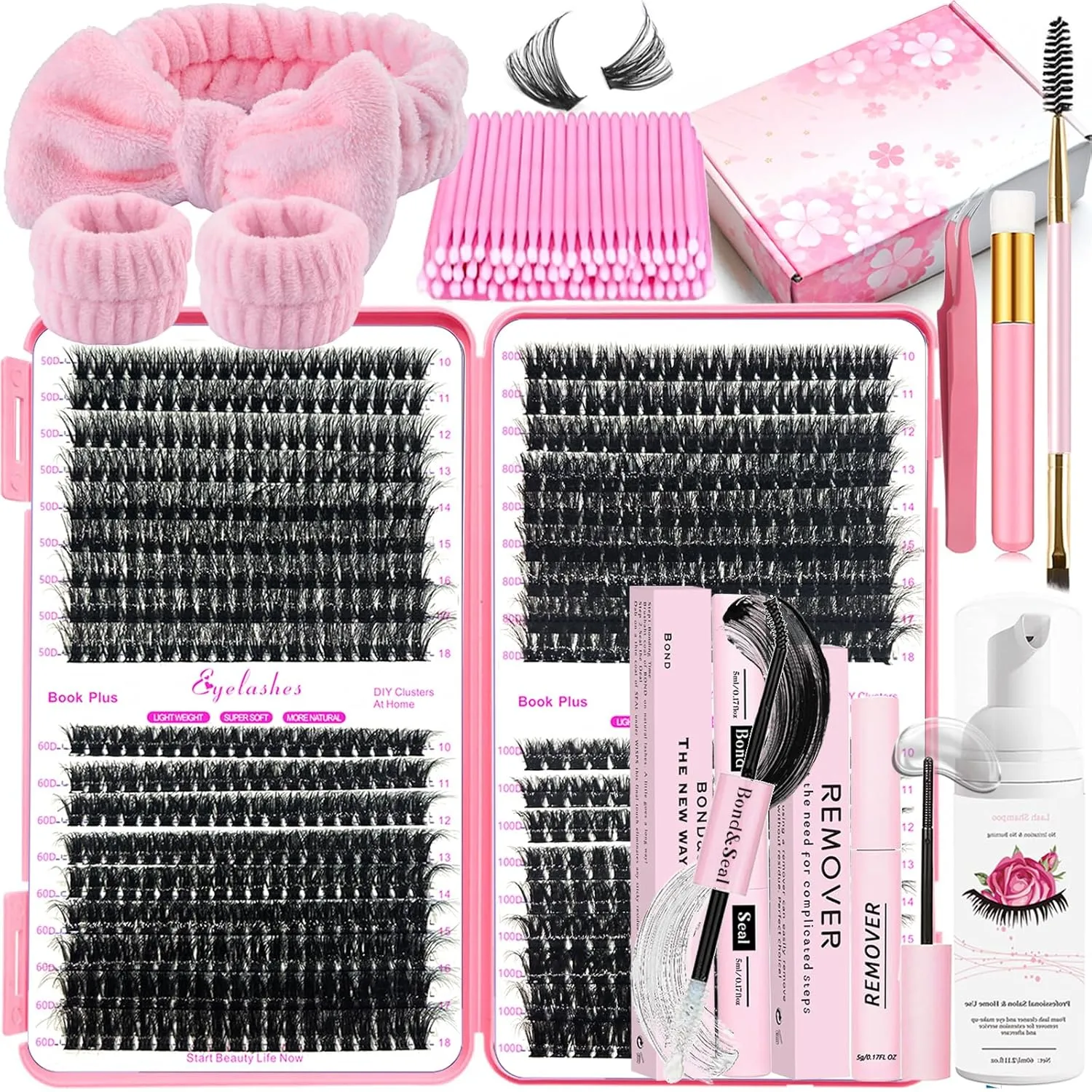 DIY Fluffy Lash Extension Kit 684Pcs 10-18mm D Curl Lashes Clusters with Lash Bond and Seal Glue Remover Lash Shampoo Cleansing Brush Headband Wristband Tweezers Eyelash Brush Applicator