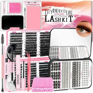 DIY Fluffy Lash Extension Kit 772Pcs D Curl 4 styles Individual Lash with Bottom Lash Clusters Lash Bond and Seal,Quick Glue Remover Tweezers Eyelash Brush Mini Applicator (LASH003)