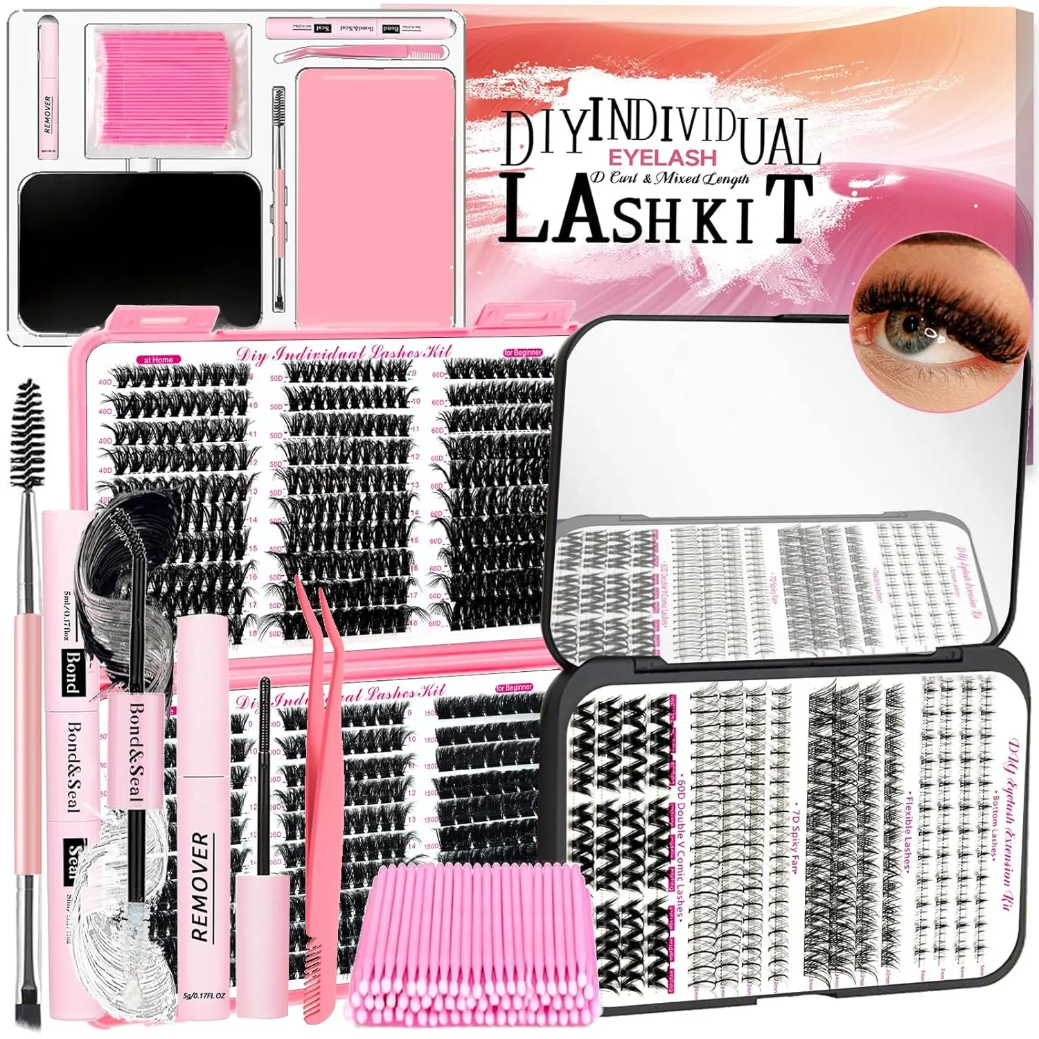 DIY Fluffy Lash Extension Kit 772Pcs D Curl 4 styles Individual Lash with Bottom Lash Clusters Lash Bond and Seal,Quick Glue Remover Tweezers Eyelash Brush Mini Applicator (LASH003)
