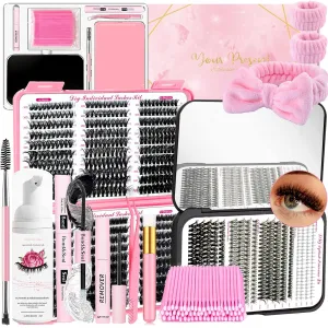 DIY Fluffy Lash Extension Kit 966Pcs with Bottom Lashes Lash Bond and Seal,Quick Glue Remover Lash Shampoo Cleansing Brush Headband Wristband Tweezers Eyelash Brush Mini Applicato