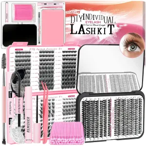 DIY Wispy Lash Extension Kit 570Pcs D Curl 6 styles Individual Lash Clusters Eyelash Extension with Lash Bond and Seal,Quick Glue Remover Tweezers Eyelash Brush Mini Applicator