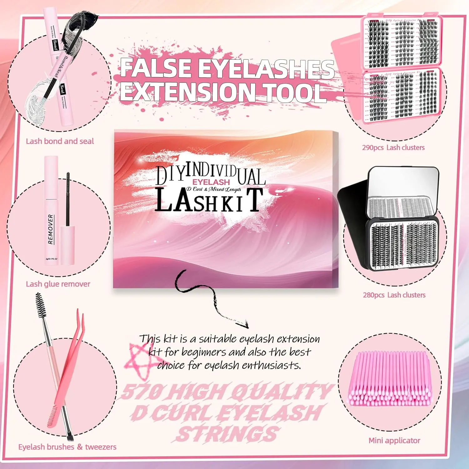 DIY Wispy Lash Extension Kit 570Pcs D Curl 6 styles Individual Lash Clusters Eyelash Extension with Lash Bond and Seal,Quick Glue Remover Tweezers Eyelash Brush Mini Applicator