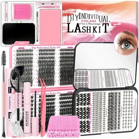 DIY Lash Extension Kit 782Pcs D Curl 4 styles Individual Lash with Bottom Lash Clusters Lash Bond and Seal,Quick Glue Remover Tweezers Eyelash Brush Mini Applicator (LASH001)
