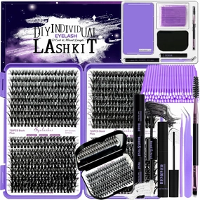 DIY Lash Extension Kit 840Pcs D Curl Individual Lash Clusters Eyelashes Extension Set with Mirror Lash Storage Box Lash Bond&Seal Glue Remover Tweezers Lash Brush Applicator