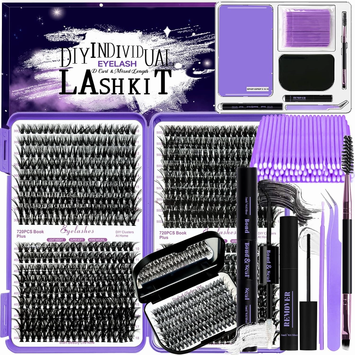 DIY Lash Extension Kit 840Pcs D Curl Individual Lash Clusters Eyelashes Extension Set with Mirror Lash Storage Box Lash Bond&Seal Glue Remover Tweezers Lash Brush Applicator