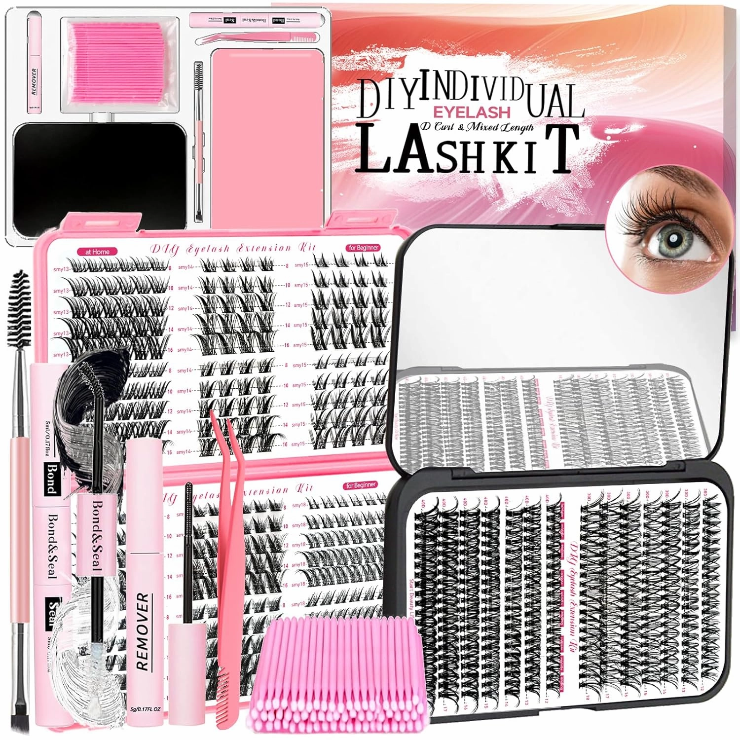 DIY Wispy Lash Extension Kit 580Pcs D Curl 6 styles Fox Eye Lashes Clusters Eyelash Extension with Lash Bond and Seal,Quick Glue Remover Tweezers Eyelash Brush Mini Applicator