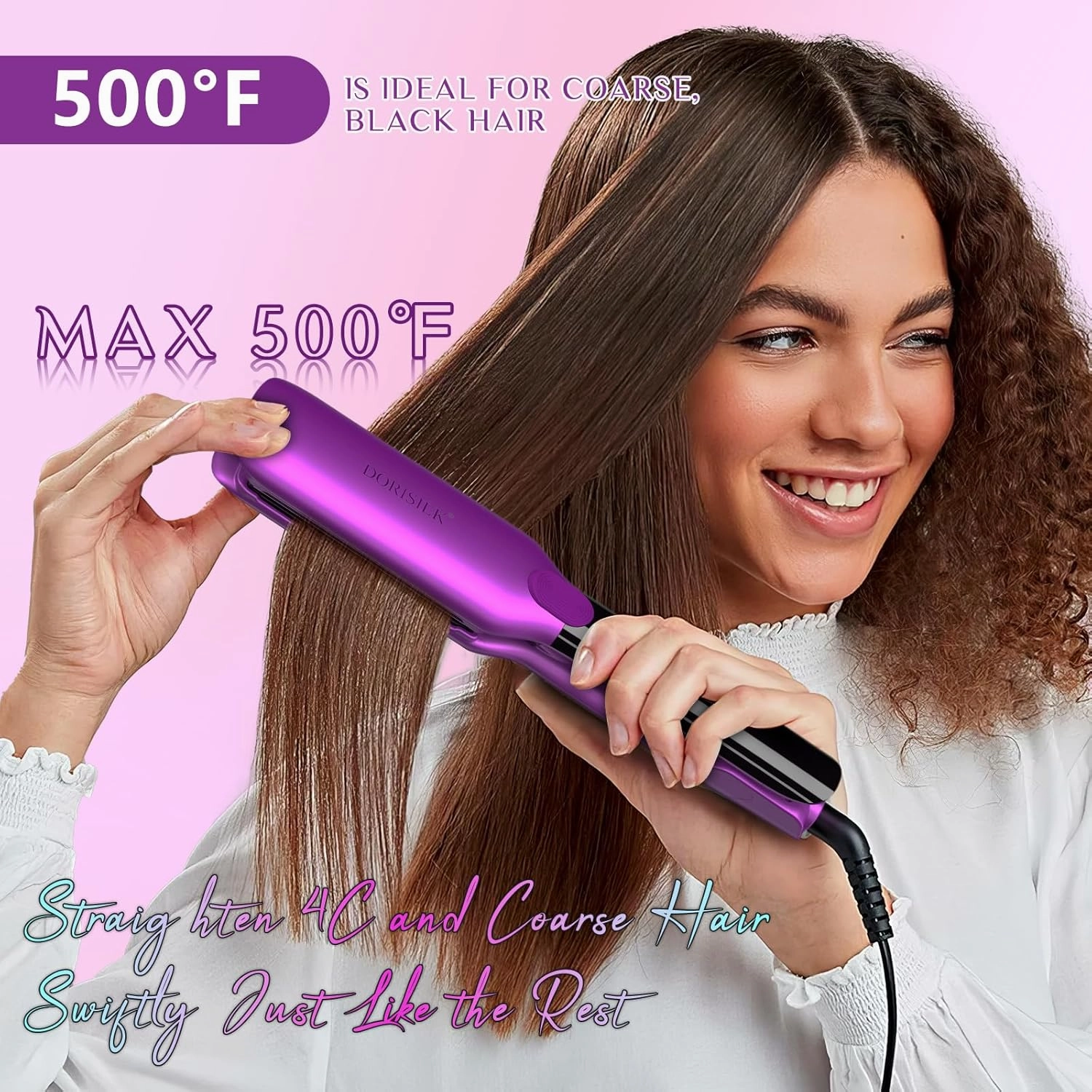 DORISILK 500 Degree High Temp Professional Hair Straightenr ， Ceramic Wide Flat Iron ，2 in 1 Hair Straightener and Curler，Plasma Flat Iron Hair Straightener Get Frizz-Free and Shiny (Purple)