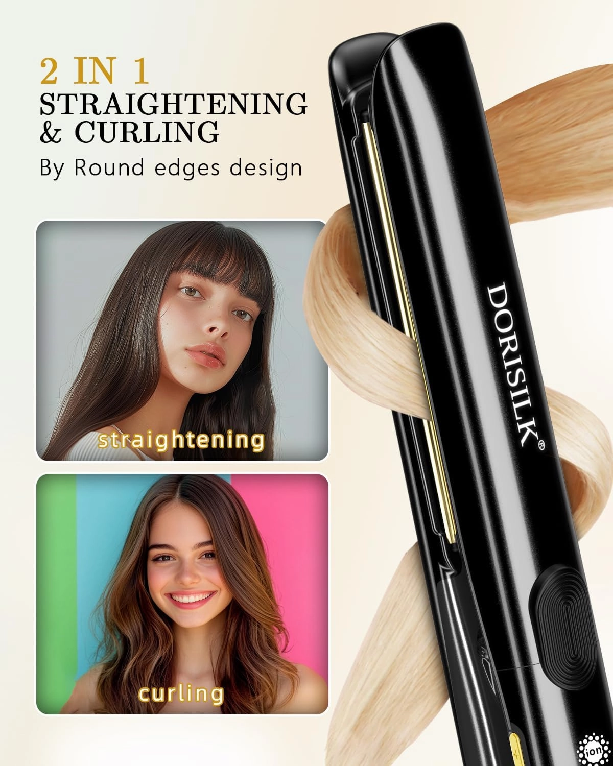 DORISILK 500 Degree Vibrating Professional Hair Styler: 30s Fast Heating Ceramic Flat Iron, 2-in-1 Straightener and Curler, Plasma Ionic for Frizz-Free Hairstyling (500FV)