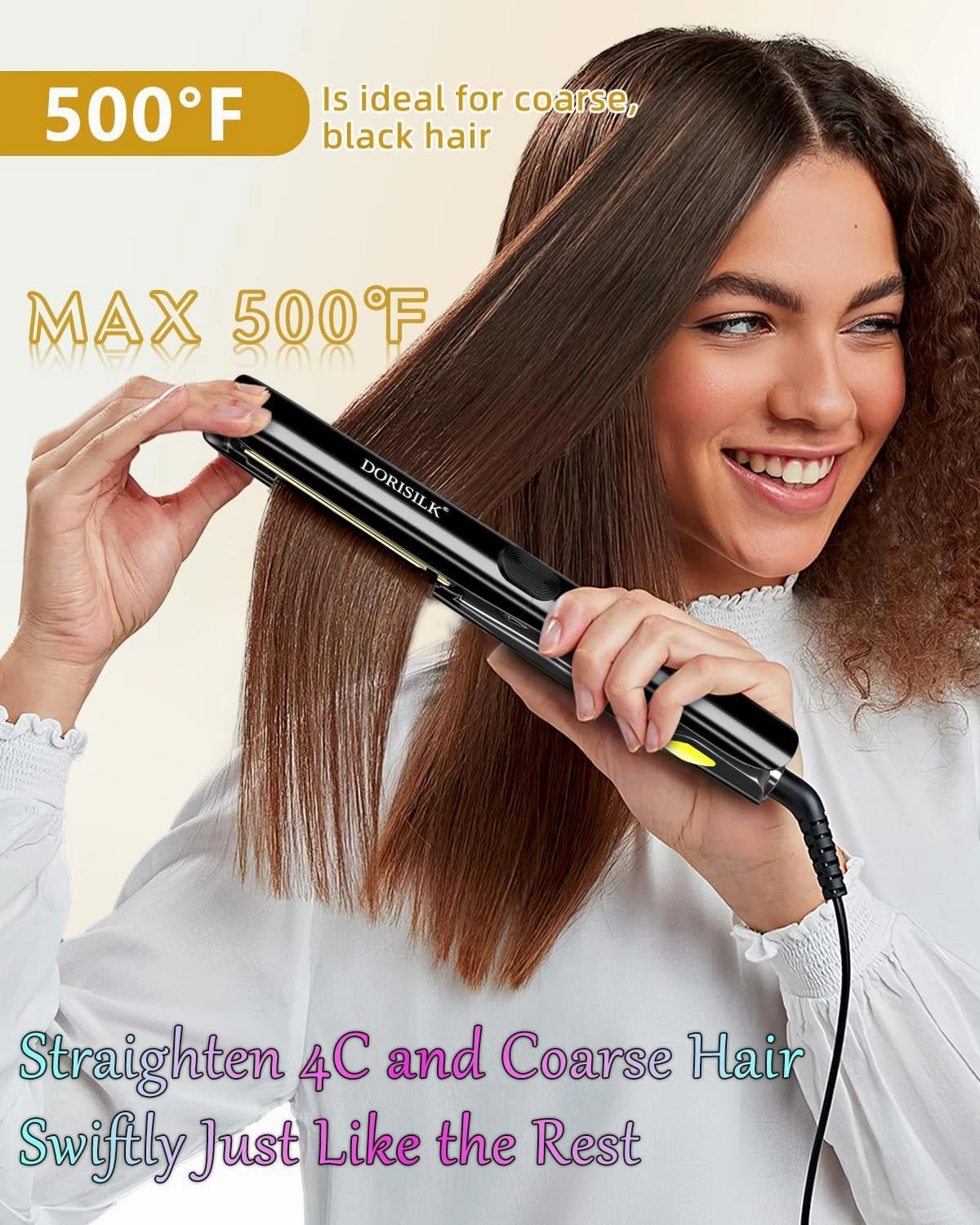 DORISILK 500 Degree Vibrating Professional Hair Styler: 30s Fast Heating Ceramic Flat Iron, 2-in-1 Straightener and Curler, Plasma Ionic for Frizz-Free Hairstyling (500FV)