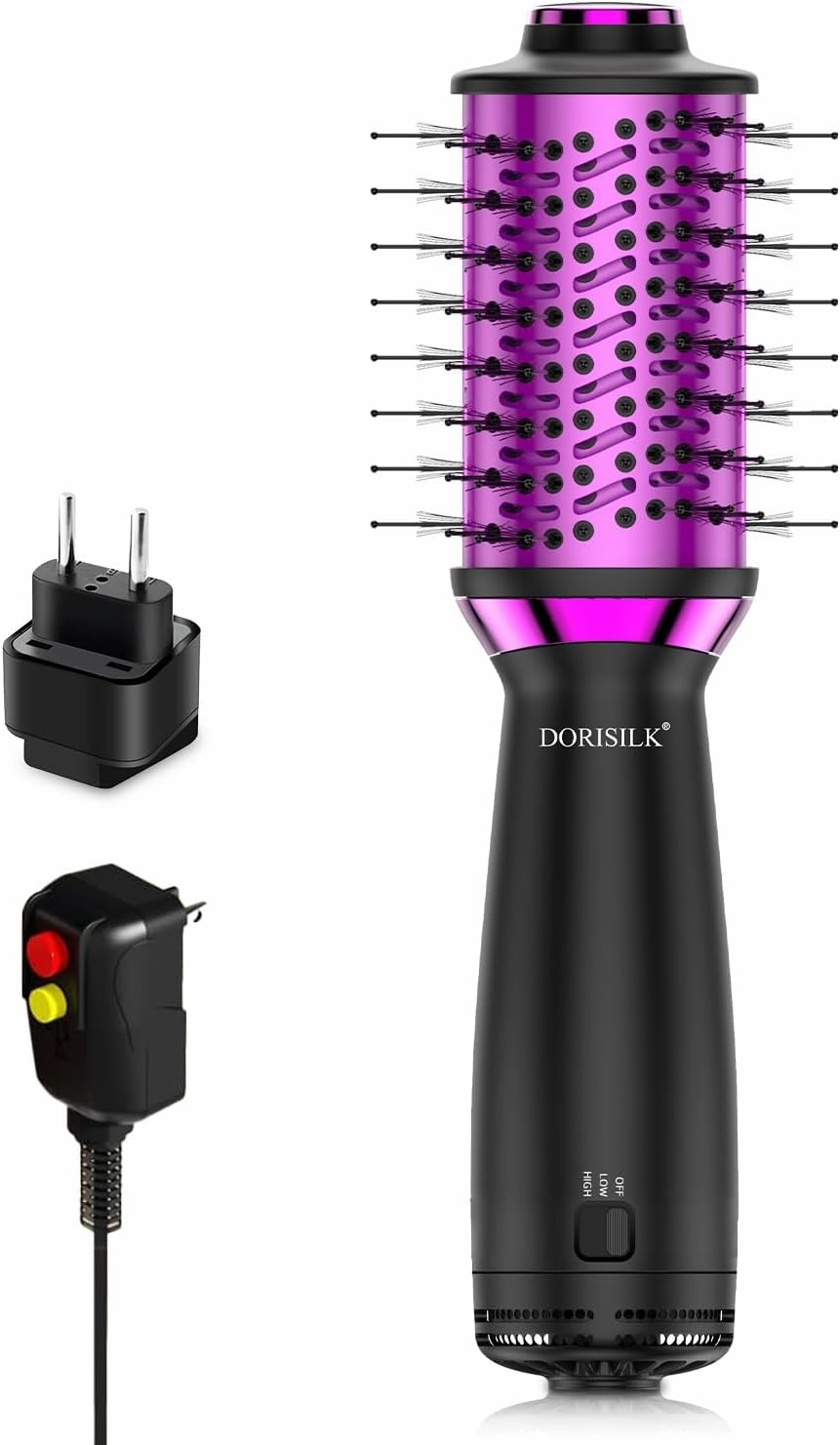 DORISILK Small Dual Voltage Blow Dryer Brush,4 in 1 Blow Dryer Brush for Drying Straightening Curling Volumizing，Travel Hot Air Styler with 2 Inch Oval Barrel
