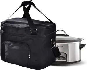 Double Layers Slow Cooker Bag，Carry Case with Top Zip Compartment and Accessory Pocket , Insulated Slow Cooker Carrier Fits for Most 6-8 Quart Oval Slow Cooker, Fabric waterproof(Bag Only) (Black)