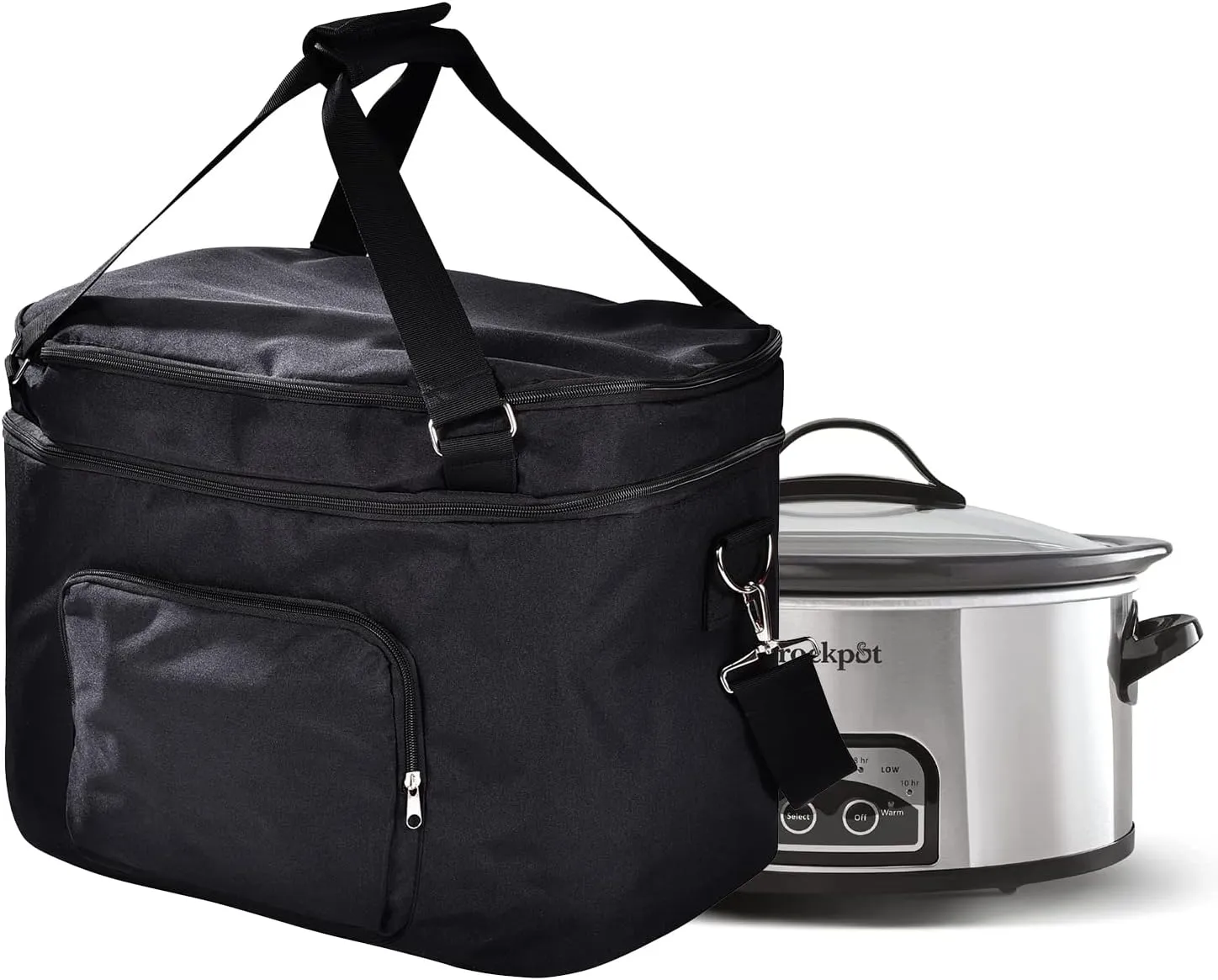 Double Layers Slow Cooker Bag，Carry Case with Top Zip Compartment and Accessory Pocket , Insulated Slow Cooker Carrier Fits for Most 6-8 Quart Oval Slow Cooker, Fabric waterproof(Bag Only) (Black)