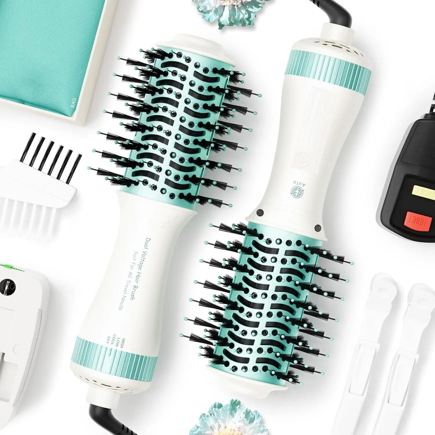 Dual Voltage Travel Hair Dryer Brush 4-IN-1 Portable Mini Hot Air Blow Dryer Straightener & Curler Brush, Titanium Round Blowout Styler Volumizer Tools, 110/240V US/EU/UK Plug for International Travel