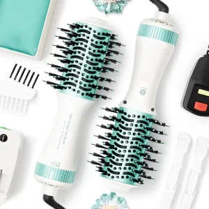 Dual Voltage Travel Hair Dryer Brush 4-IN-1 Portable Mini Hot Air Blow Dryer Straightener & Curler Brush, Titanium Round Blowout Styler Volumizer Tools, 110/240V US/EU/UK Plug for International Travel