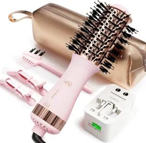 Dual Voltage Travel Hair Dryer Brush, Mini Hot Air Brush Styler & Dryer for European Travel, Hair Trends Nano Titanium 2 Inch One Step Hair Dryer and Styler Volumizer Oval Shape