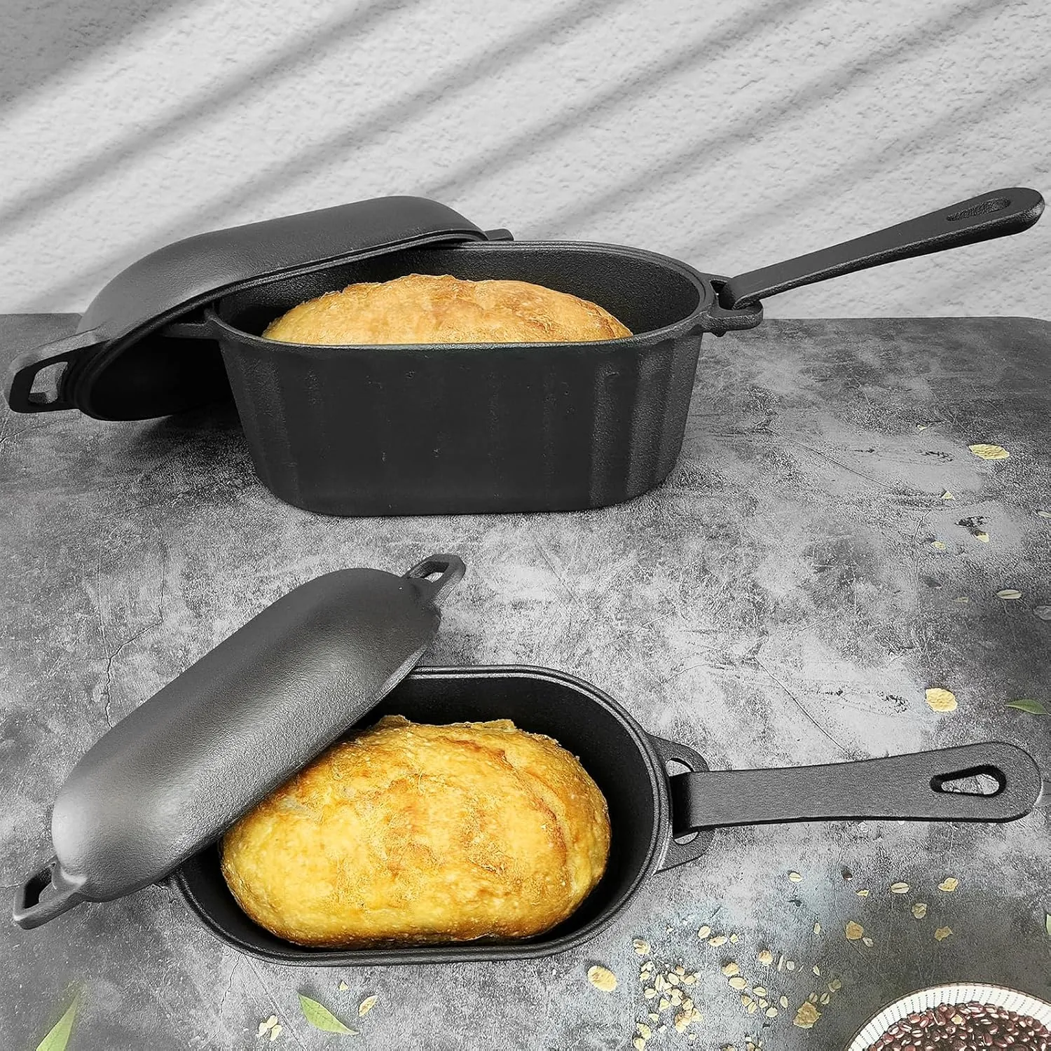 Dutch Oven Cast Iron Bread Pan with Lid Sourdough Loaf Pans for Baking Bread Large Heavy Vegetable Oil Oval Bread Dutch Oven with Movable Handle 4 Qt Black Dishwasher Safe