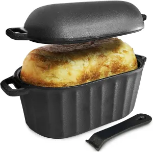 Dutch Oven Cast Iron Bread Pan with Lid Sourdough Loaf Pans for Baking Bread Large Heavy Vegetable Oil Oval Bread Dutch Oven with Movable Handle 4 Qt Black Dishwasher Safe