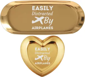 Easily Distracted by Airplanes Aviation Pilot Airplane Lover T-Shirt | Set of 2 Key Tray Ring Jewelry Holder